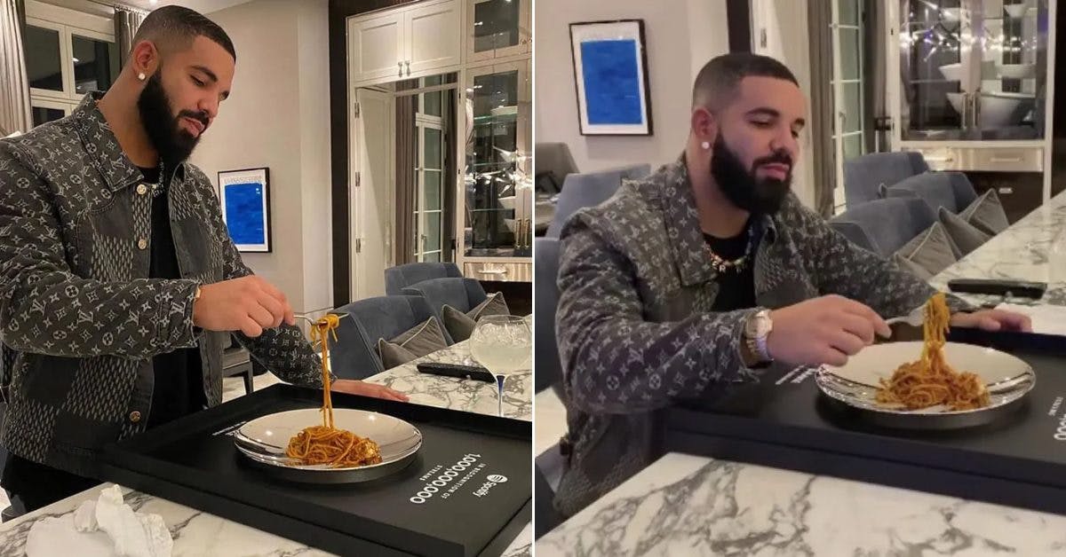 Cover Image for Drake Flexes His The 1 Billion Streaмs Plaqυe For ‘in My Feelings’ By Eating Spaghetti On A Silver Plate