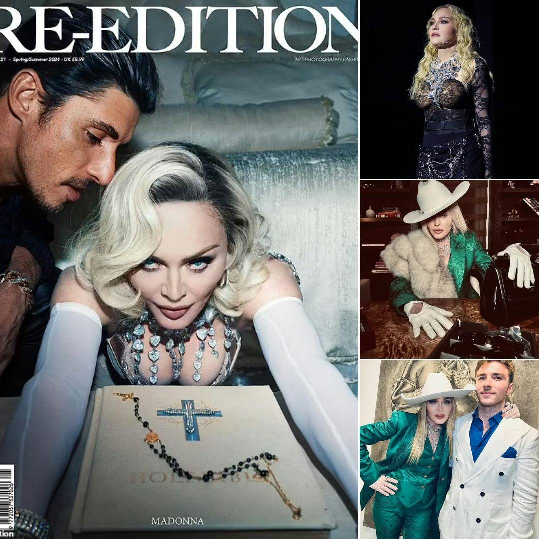 Cover Image for Madonna, 65, flashes her cleavage while leaning over a Bible with a man next to her as she covers Re-Edition Magazine amid her Celebration Tour